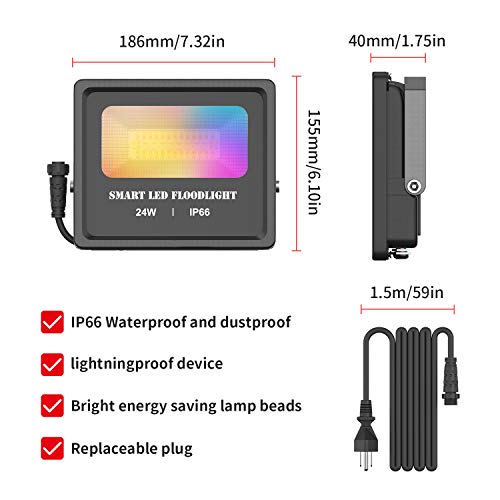 led Light WiFi LED Flood Lights 24W Outdoor Dimmable Color Changing Stage Light Work with Alexa 2700K-6500K IP66 Waterproof Wall Washer Light for Party, Garden, Landscape