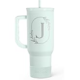Personalized Monogrammed Tumbler with Handle 40oz, Letter J Tumblers Insulated Coffee Travel Cup, Custom Initial Gift for Women Girls Friends, Monogram Gift for Christmas Birthday Mothers Day