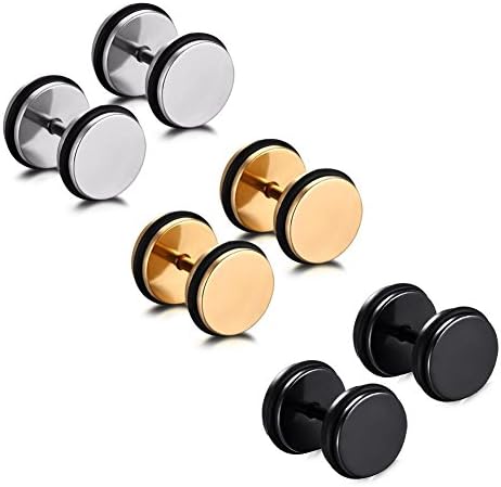 JRUI Jewelry 3-6 Pairs Stainless Steel Mens Womens Stud Earrings Set Ear Piercing Plugs Tunnel Punk Style