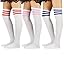 Zando Women Thin Stripes Tube Thigh High Tights Over Knee Socks Casual High Stockings A 3 Pairs White (Red Pink Blue)
