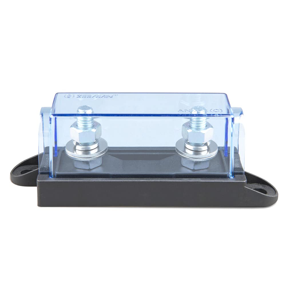 Offgridtec Single Mega Fuse Holder with Clear Protective Cover - High Current 32V DC Single Bay Fuse Block (60A-500A) M8 Connectors Surface Mount Durable Plastic Composite