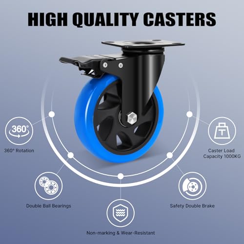 Humagineer 125 mm Furniture Casters with 4 Brakes, Heavy Duty Wheels for Heavy Loads, 1000 kg, Polyurethane Wheels with Double Brake, Silent and Durable Route for Furniture, Trolleys, Set of 4