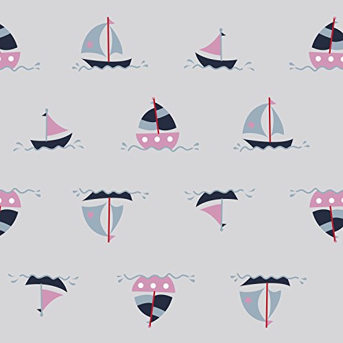 Bacati Nautical Whales/Boats/Stars Girls 100% Cotton 3 Piece Crib Set with 4 Layer Lux Blanket/Fitted Sheet/Skirt, Pink/Navy