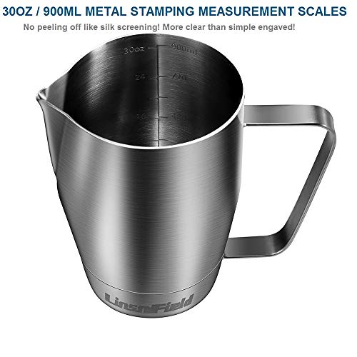 LinsnField 32oz Professional Milk Steaming Pitcher - NSF Approved Heavy Duty 304 Stainless Steel Milk Frothing Pitcher - Perfect Size Milk Jug for Baristas, 1000ml - Thumbnail 4