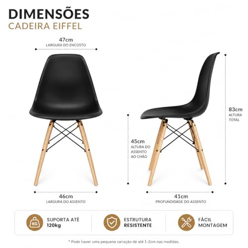 Kit 4 Cadeiras Eames Premium com Pés de Madeira – Design Moderno para Sala de Jantar, Cozinha e Escritório (PRETO)