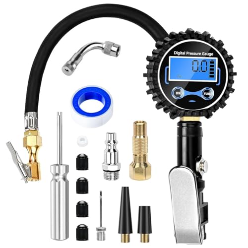 Digital Tire Pressure Gauge Inflator Deflator 200PSI, Air Compressor Kit LCD Air Chuck, Heavy Duty Rubber Hose, Quick Connect Coupler Leak-Proof Valve with Emergency LED Light For Car Bike Ball Truck