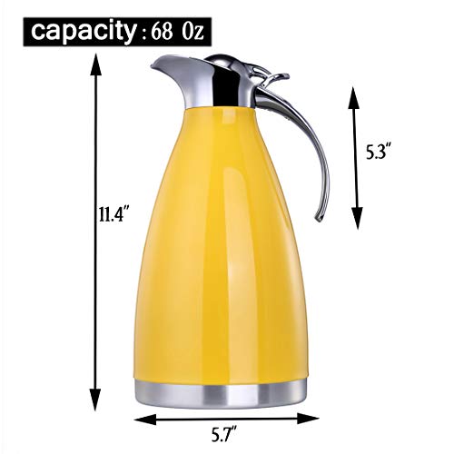 BonNoces 68 Oz Thermal Carafe/Coffee Carafe - 2L Stainless Steel Double Wall Vacuum Insulated Thermos Pot - Metal Lid and Handle, Food Grade Silicone (Yellow)
