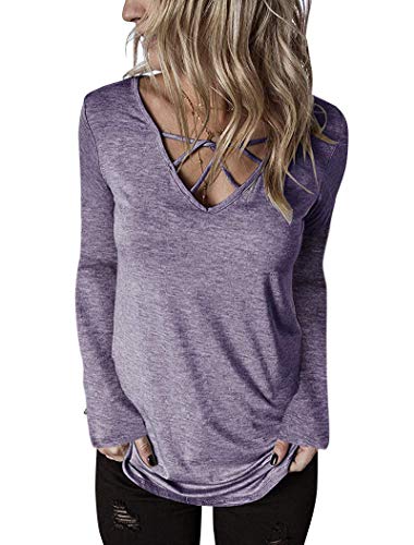 GOCHIC Women's Long Sleeve T Shirt V Neck Tunic Criss Cross Tops Casual Tees #5Light Purple XL