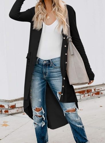 Fisoew Women's Long Sleeve Button Down Knee Length Knit Long Cardigan with Pockets