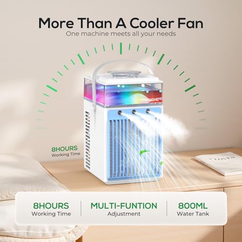 Portable Air Conditioners, 4-IN-1 Evaporative Air Cooler with App Control, 800ml Water Tank, Rechargeable Mini Air Conditioner, 3 Speeds & 3 Mist, Colorful Night Light Cooling Fan (White)