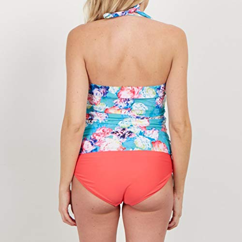 Women Halter Neck Swimsuit - Leadmall Maternity Tankini Push Up Backless Bikini Set - Floral Print Two Piece Swimwear (L, Blue) - Thumbnail 3