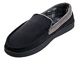 MIXIN Men's Casual Pile Lined Indoor Outdoor Rubber Sole Micro Suede Moccasin Flats Slippers Black and Grey Size 9.5-10.5