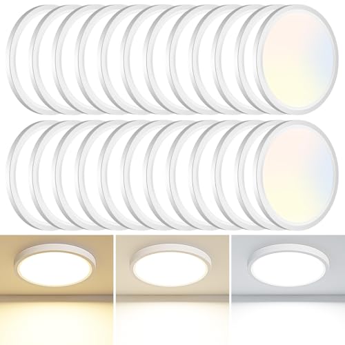 24PACK LED Flush Mount Ceiling Light Fixture, 3000K-4000K-6500K & 100W Equivalent Modern Kitchen Recessed Ceiling Lamp 15W 1500Lm 7.5 Inch Closet Round Surface for Bathroom Laundry Bedroom Hallway