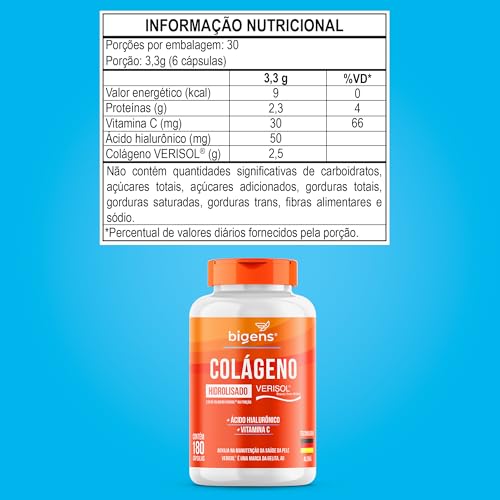 Colágeno Hidrolisado Verisol com Ácido Hialurônico e Vitamina C, Bigens, 180 Cápsulas (Kit 2)