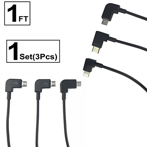 Threeking 11.8inch/30cm OTG Cable Data Cable Perfect Size Right Angle Special Design DJI Mavic Pro/Mavic Pro Platinum/Mavic Air/Spark 1Set(3Pcs:Micro-USB to iOS/Micro-USB/Type-C)