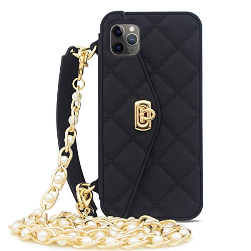 Omio for iPhone 11 Pro Max Handbag Case with Card Holder Wrist Lanyard Shoulder Strap Soft Silicone Gel Cover Wallet Case for Women Luxury Stylish Long Pearl Crossbody Chain Case for iPhone 11 Pro Max