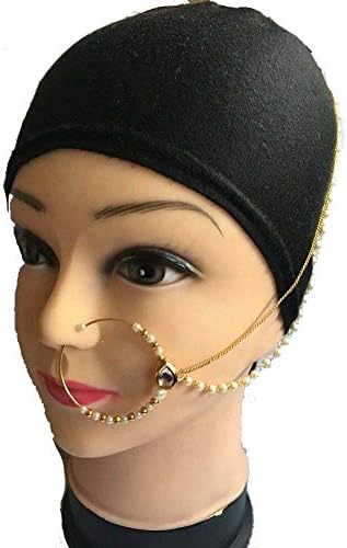 Golden Pearl With Silver Diamante Indian Bollywood Bridal Nose Ring Non Piercing