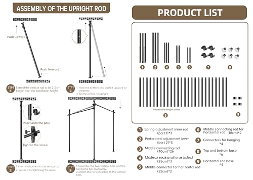 Room Divider Curtain Rod, Heavy Duty No Drilling Room Separation Rods, Floor to Wall Ceiling Tension Separator Privacy Space Partition Rods, Black Adjustable 122-305Cm(H), 70-324Cm(W)