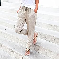 White Pants Women Drawstring Back Elastic Waist