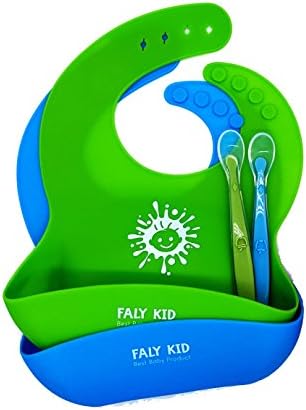 Waterproof Silicone Bibs Easily Clean! Silicone Baby Bibs Gift Bundle for Boys &amp; Girls. Set of 2 Silicone Bibs + BONUS 2 Silicone Spoons Free (Green/Blue)