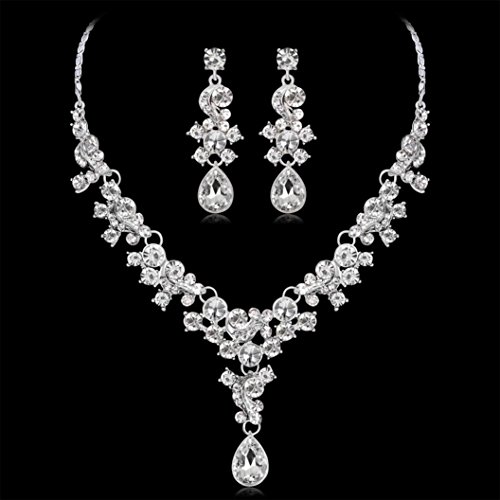 Keliay Alloy Rhinestone Pearl Necklace Earrings pendants Set Wedding Jewelry Gift Best for Gift (White)