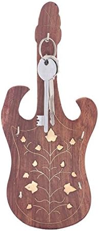 valentines presents, 10 Inch Wooden Key Holder Brass and Inlay Work Key Hanger with 5 Hooks, Guitar Shaped Handmade Design Stylish Look for Your Home &amp; Office Wall Decoration