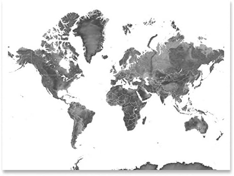 Map of the World, Black and White Landscape Art Print, Earth