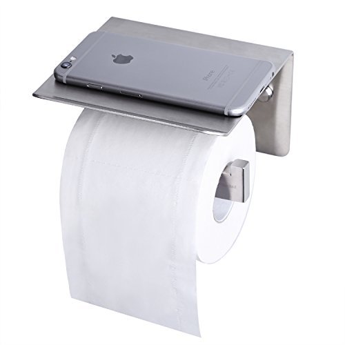 HOMEIDEAS Toilet Paper Holder, SUS304 Stainless Steel Bathroom Roll Tissue Holder with Mobile Phone Storage Shelf, Wall Mount, Brushed Nickel