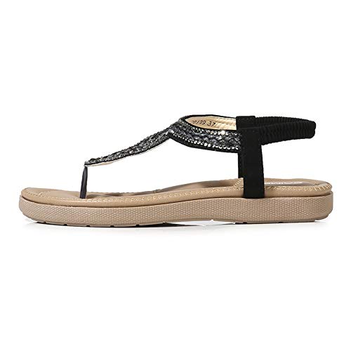 Meeshine Womens Summer Beach Flat Sandals Rhinestone Shiny Beads Slip On Flip Flops Thong Shoes(7 B(M) US,Black 07)