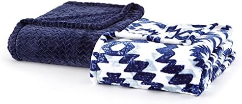 Velvet Plush 2-Pack Oversized Lounge Throws, 60" x 70" (Dark Blue &amp; Wish)
