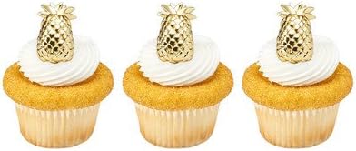 12 PINEAPPLE plastic CUPCAKE topper PICKS party LUAU welcome GOLD favors DECOR cake BAKE sale