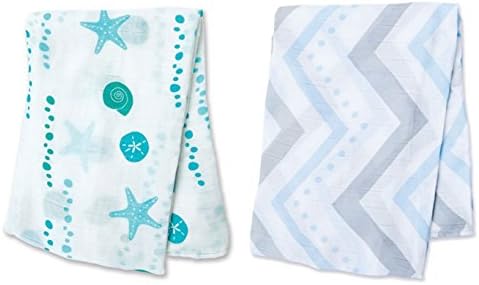Lulujo Bamboo Rayon Muslin Swaddle Blanket, 47" x 47", 2 Pack, Sea &amp; Blue Chevron