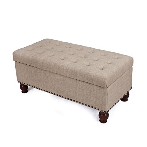 Asense Fabric Rectangle Tufted Lift Top Storage Ottoman Bench, Footstool with Solid Wood Legs, Nailhead Trim (Beige)