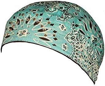Teal Blue Paisley Head Wrap Durag Biker Skull Cap Cotton with Sweatband and Rhinestones