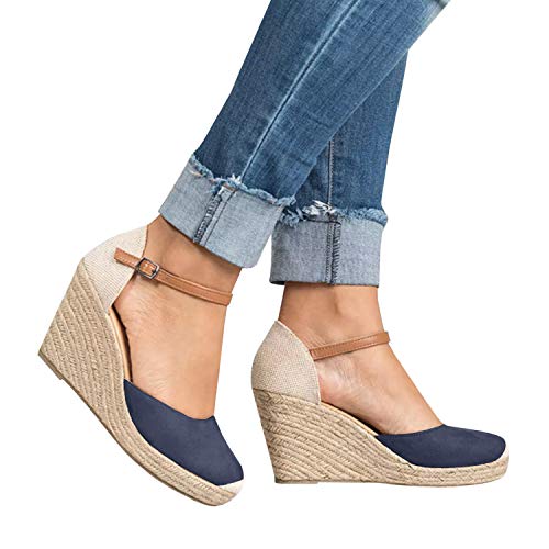 Womens Wedge Espadrille Platform Sandals Closed Toe Ankle Strap Slingback High Heels Sandals Navy