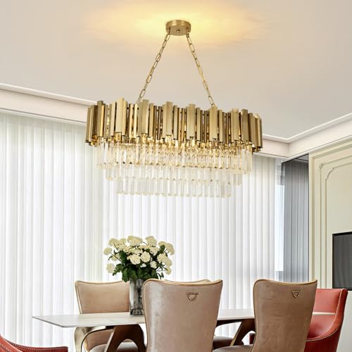 AOOCHOK Modern Gold Crystal Chandelier, Oval Crystal Chandelier, Suitable for Living Room, Dining Room, Bedroom and Restaurant, 80*35cm