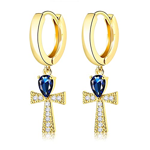 UHIBROS Gold Cross Hoop Earrings, 18K Gold Plated Pave CZ Gold Cross Small Hoop Earrings Dangle Sapphire Jewelry for Girls Women