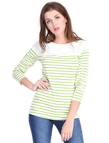 Allegra K Women's Round Neck Long Sleeves Color Block Striped Tops T Shirts Green XS US 2