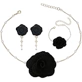 ONLYJUMP 3Pcs Rose Set for Women Sweet Retro Flower Fashionable Collarbone Pearl Flower Necklace Bracelet Stud Earrings for Wedding Birthday Valentine