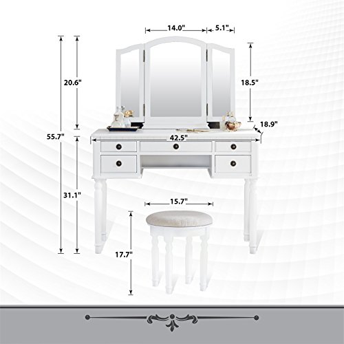 Fineboard FB-VT01-WV Dressing Stool Beauty Station Makeup Table Three Mirror Vanity Set, 5 Organization Drawers, White - Thumbnail 3