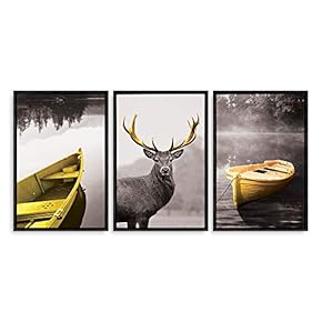 3 Panel Framed Canvas Wall Art for Living Room, Bedroom Deer with Gold Antlers Canvas Prints for Home Decoration Ready to Hang - 16"x24"x3 Panels