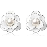 Reffeer Solid 925 Sterling Silver Simulated Pearl Flower Earrings Studs for Women Teen Girls Flower Stud Earrings Pearls for Wedding