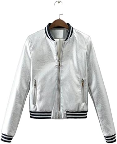 Ellie Hebe Women's Faux Leather Bomber Metallic Casual Jacket Silver Asian S