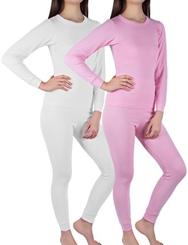 Women's Thermal Underwear 2 Piece Set Top &amp; Bottom Fleece Lined Cotton -Pack of 2 Sets (2 Sets - WHITE/PINK, Large)
