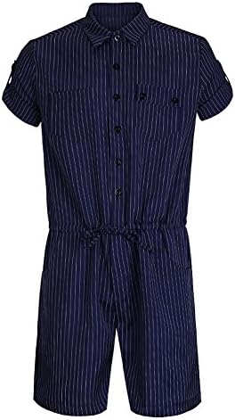 Jinshida Men's Roll Up Short Sleeve Striped Drawstring Waist Jumpsuit Playsuit Overalls Blue M