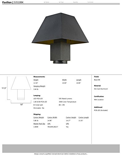 Maxim 53510BK Pavilion LED Outdoor Post Mount, Black Finish, Glass, PCB LED Bulb , 100W Max., Damp Safety Rating, Standard Dimmable, Shade Material, Rated Lumens