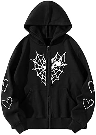 Oversized Y2K Zip Up Hoodie for Women Men Gothic Spider Web Heart