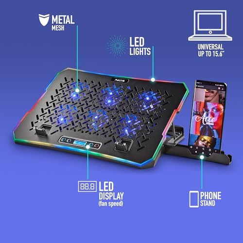 Hero Stand - Base de arrefecimento para portátil, 6 ventoinhas silenciosas, ecrã LCD, RGB, altura ajustável, 2 portas USB, suporte para smartphone, antiderrapante, 2400 RPM