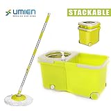 Umien Spin Mop and Bucket System – 360° Self Wringing Spinning Mop with Stackable Bucket On Wheels and 2 Machine Washable Microfiber Mop Heads – Easy to use and Store