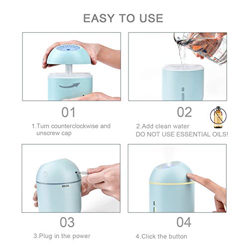 FHEAL USB Humidifier Mini Cool Mist Humidifier Cute Air Diffuser for Office Desk Bedroom Home Babies Kids Cars, LED Night Light,Waterless Auto-Off, 350ML 40ml/h Blue - Thumbnail 7